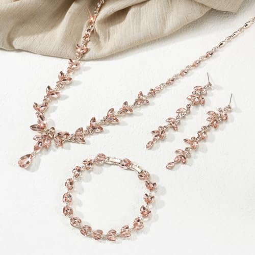 EVER FAITH Marquise Crystal Leaf Bridal Prom Jewelry Set for Women Bride | Rhinestone Wedding Party Necklace Dangle Earrings Tennis Bracelet, for Bridesmaid - color: Peach Rose