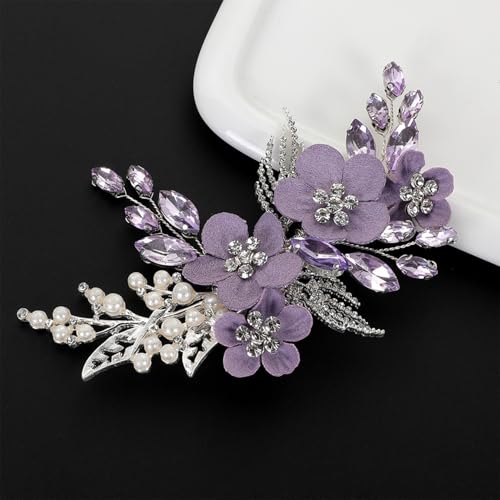 Wedding Hair Clips, Crystal Hair Pins Pearl Rhinestone Hair Barrettes, Bridal Flower Hair Pieces Pearl Headpieces Hair Accessories for Women Girls (Purple) - color: Purple