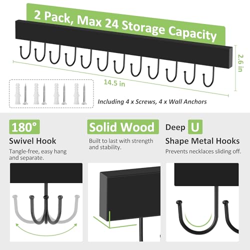 Jewelry Organizer Wall Mounted 2 Pack, Wooden Necklace Holder Wall Hanger with 24 Hooks for Hanging Necklaces and Jewelry Storage, Black - color: Black