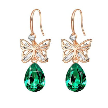 Austrian Crystal Teardrop Butterfly Drop Dangle Earrings for Women 14K Rose Gold Plated Hypoallergenic Jewelry - color: Emerald