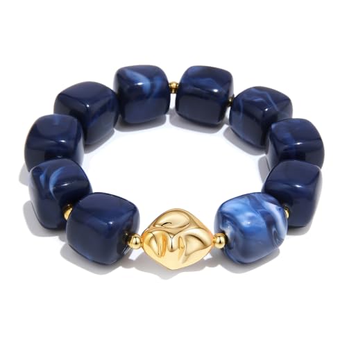 Chunky Beaded Bracelet for Women-Boho Bold Acrylic Resin Stretch Bracelets Trendy Summer Beach Elastic Bangle Vacation Jewelry Accessories - color: Style 2-Dark-Blue