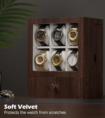 Homde Wooden Watch Box for Men: Display Case with 6 Slots | Organizer for Watches Glasses Jewelry - Nightstand Dresser Display-Clear Dustproof Window for Easy Viewing (M Size) - size: M