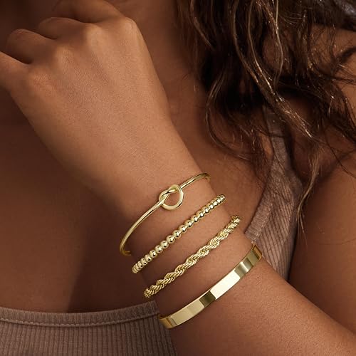 925 Sterling Silver Bracelets for Women Stack, Trendy Tennis Bangle Cuff Jewelry Set 14K Gold Plated, Adjustable Bracelet Set for Wrist Essentials, Women Fashion Watch Band Acecessories - style: Braccelet_4pcs_03