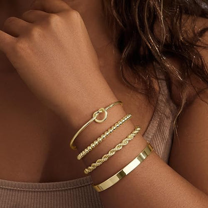 925 Sterling Silver Bracelets for Women Stack, Trendy Tennis Bangle Cuff Jewelry Set 14K Gold Plated, Adjustable Bracelet Set for Wrist Essentials, Women Fashion Watch Band Acecessories - style: Braccelet_4pcs_03