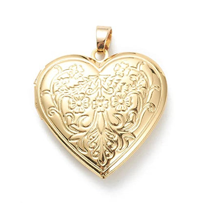Craftdady 18K Gold Plated Brass Photo Locket Frame Pendants Charms for Necklaces Personalized Jewelry Crafts Making - size: 29x28.5mm Heart with Flower