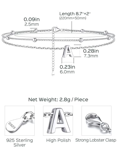 ChicSilver Ankle Bracelets for Women Waterproof, 925 Sterling Silver Initial Anklets for Women, Adjustable Dainty Layered Anklet Beach Jewelry for Women Mom Wife Friend - style: Silver-A