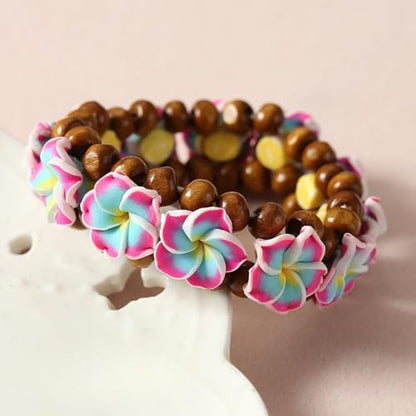 Pingyongchang Boho Hawaiian Plumeria Rubra Bracelets for Women Handmade Colorful Tropical Flower Wooden Beads Stretch Bracelet Summer Beach Holiday Jewelry Gifts - color: Pink Blue
