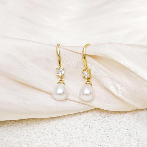 Pearl Earrings for Women, 14k Drop Earrings Gold Earrings for Women Trendy Dainty CZ Long Pearl Dangle Earrings Cute Prom Wedding Earring Dangling Bridal Jewelry Gifts