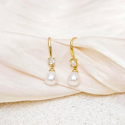 Pearl Earrings for Women, 14k Drop Earrings Gold Earrings for Women Trendy Dainty CZ Long Pearl Dangle Earrings Cute Prom Wedding Earring Dangling Bridal Jewelry Gifts