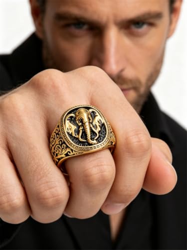 Men's Silver Gold Elephant Head Ring Stainless Steel Biker Band | Religious Engraved Chunky Signet Band for Men, Elephant Animal Lucky Ring, Retro Amulet Jewelry Gift for Him - color: Gold