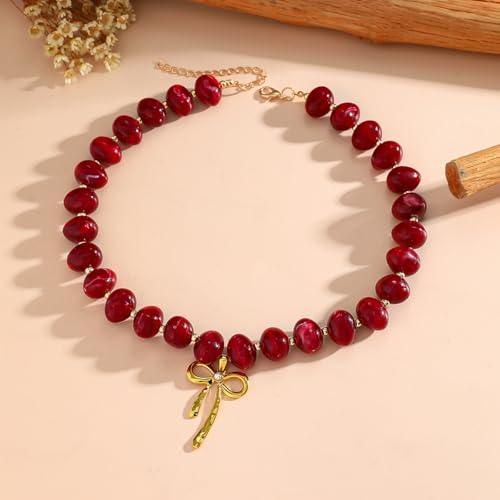 Red Beaded Necklace for Women Chunky Beaded Necklace Adjustable Acrylic Bead Choker Necklaces Big Statement Necklaces Jewelry Accessories - color: Red Bead Bow Necklace