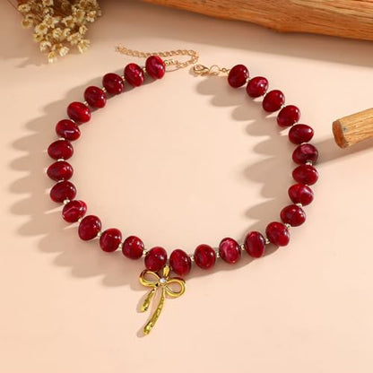 Red Beaded Necklace for Women Chunky Beaded Necklace Adjustable Acrylic Bead Choker Necklaces Big Statement Necklaces Jewelry Accessories - color: Red Bead Bow Necklace