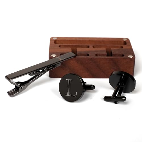 Mens Initial Cufflinks and Tie Clip A-Z Alphabet Letter Black Stainless Cuff Links Tie Bar with Engraved Walnut Wood Box Groom Groomsman Wedding Set - style: Classic-L