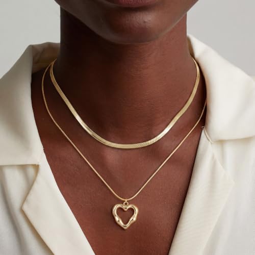 14K Gold/Silver Plated Dainty Snake Chain Layered Necklace for Women | Irregular Oval Pendant Minimalist Dainty Statement Gold Layering Everyday Jewelry - color: Gold - Classic