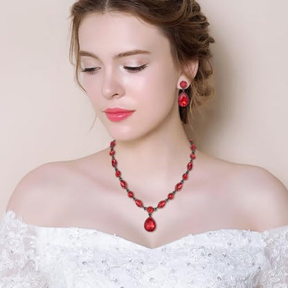 EleQueen Women's Teardrop Necklace Earrings Jewellery Set for Party Prom | Wedding Bridal Costume Jewelry Set for Brides Bridesmaids, Crystal Teardrop Necklace Dangle Earrings - color: Ruby Color Black-Tone