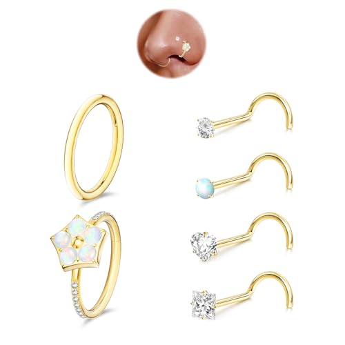 davka Nose Ring Set, 18G Hinged Hoop 8mm & 20G Nose Studs, Stainless Steel & Gold Plated, Hypoallergenic, Multiple Styles Nose Piercing Jewelry - color: Gold/Star-shaped Opal/18g 8mm hoops/Corkscrew studs