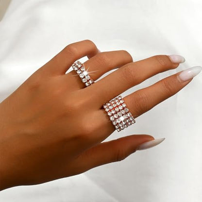 Fashion Silver Bling Rhinestone Crystal Stretch Rings Set for Women | Sparkly Rhinestone Elastic Finger Nail Ring Glitter Stretchy Stack Statement Knuckle Rings Cocktail Jewelry Accessories Pack - color: Rose Gold
