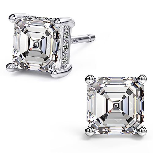Asscher Cut Cubic Zirconia Stud Earrings for Men Women | Square CZ Simulated Diamond Studs, 18K White Gold Plated Sterling Silver - color: White Gold, size: 6MM
