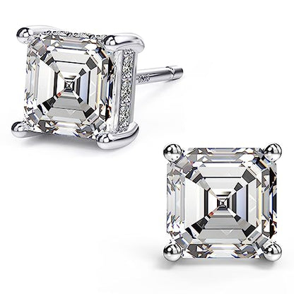 Asscher Cut Cubic Zirconia Stud Earrings for Men Women | Square CZ Simulated Diamond Studs, 18K White Gold Plated Sterling Silver - color: White Gold, size: 6MM