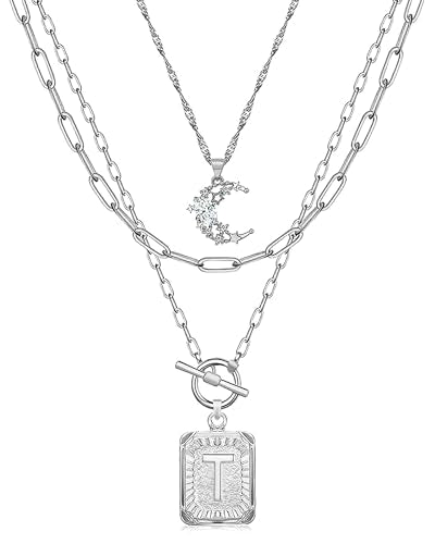 MJartoria Layered Initial Necklaces for Women Trendy, 14K Gold Plated Brass Simple Moon Choker Square Letter Pendant Necklace, Paperclip Chain Necklaces Jewelry Gifts - color: Silver, style: T