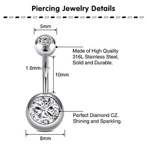 QWALIT Belly Button Ring Silver Gold Belly Rings Surgical Stainless Steel Belly Button Rings for Women Belly Button Piercing Jewelry Hypoallergenic Dangle Belly Button Ring Clicker Belly Ring Dangling - style: C1-Classic- round zircon