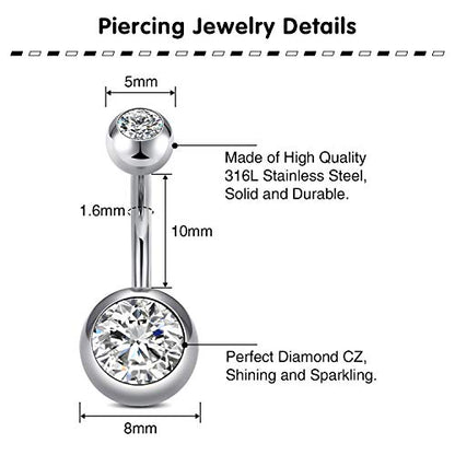 QWALIT Belly Button Ring Silver Gold Belly Rings Surgical Stainless Steel Belly Button Rings for Women Belly Button Piercing Jewelry Hypoallergenic Dangle Belly Button Ring Clicker Belly Ring Dangling - style: C1-Classic- round zircon