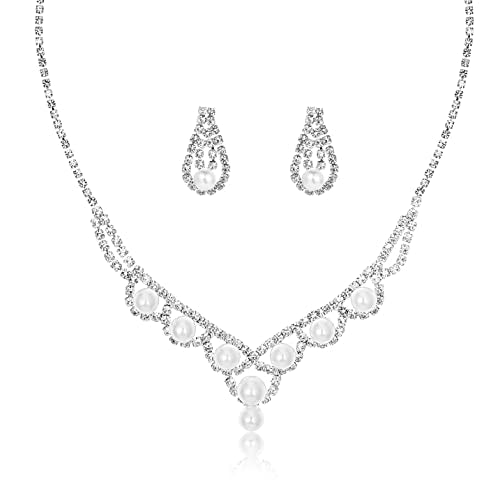 Silver Plated Elegant Necklace Earrings Bride Bridesmaid Jewelry Sets for Wedding Prom Crystal Jewelry Set for Women Costume Accessories - color: 03-Silver Plated