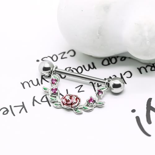 2pcs 14G Nipple Rings Flower Nipple Bars Surgial Steel 316L Nipple Piercing Jewelry Heart Nipple Barbell for Women - color: ROSY