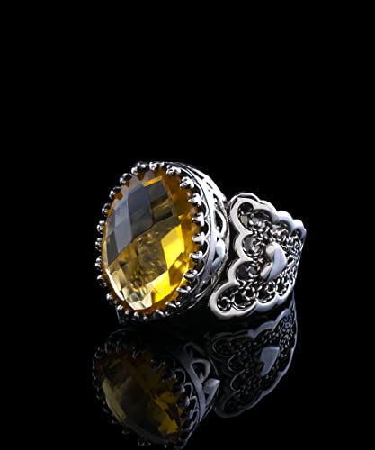 Filigranist 925 Sterling Silver Handcrafted Filigre Art Double Heart Detailed Women Cocktail Ring with Gemstones - color: Citrine