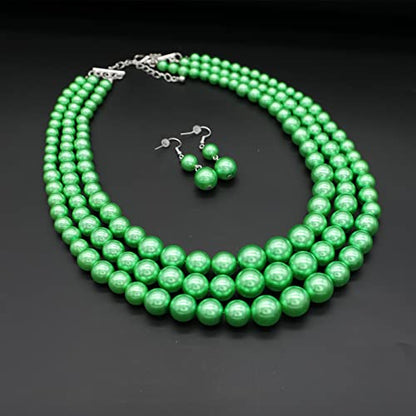 Chunky Layered Imitation Pearl Necklace for Women 3 strand Pearl Necklaces Faux Pearl Necklace Earrings Set 1920s Flapper Gatsby Costume Accessories - color: 3 strand pearl necklace green