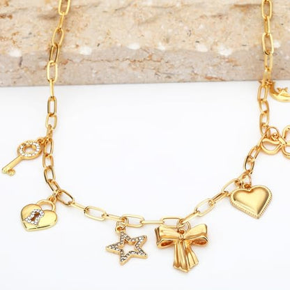 Charm Necklace for Women Gold Evil Eye Sun Moon Flower Coin Pendant Necklace Dainty Paperclip Chain Vintage Luck Amulet Choker Necklaces Celestial Jewelry Gift - style: 7 Charms- Bow, Star, Heart
