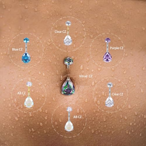 AROWRO Gold Belly Button Ring G23 Titanium Hypoallergenic 14G belly ring for Women Men Teardrop Navel Piercing Jewelry 10mm Barbell With Cubic Zircon - color: Silver+Teardrop Vitrail Medium CZ