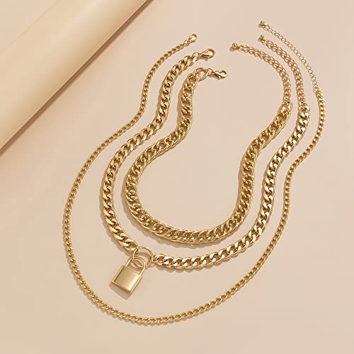Jumwrit Chunky Chain Necklace Punk Layered Choker Necklaces Cuban Link Chain Necklace with Lock Pendant Necklace Statement Necklace for Women and Girls - color: Gold