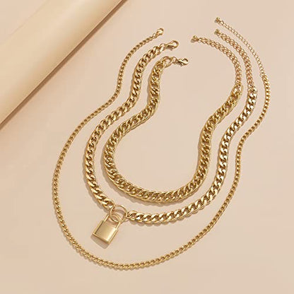 Jumwrit Chunky Chain Necklace Punk Layered Choker Necklaces Cuban Link Chain Necklace with Lock Pendant Necklace Statement Necklace for Women and Girls - color: Gold