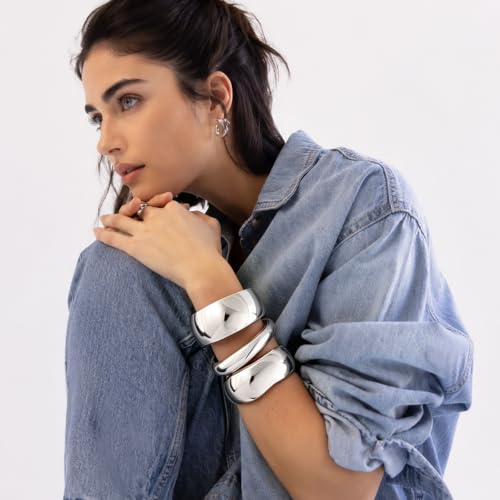 Chunky Gold Bangle Bracelets for Women Trendy 14K Gold Plated Cuff Bracelets Stack, Dainty Gold Bracelet Sets Non Tarnish Fashion Jewelry Gift - style: Silver-3pc-012