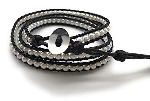 Handmade Alloy Leather Natural Stone Bead Statement Bracelet Bangle Cuff Rope 3 Wrap Adjustable Jewelry Collection - color: Shell Pearl & Black Leather Cord