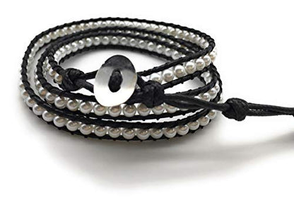 Handmade Alloy Leather Natural Stone Bead Statement Bracelet Bangle Cuff Rope 3 Wrap Adjustable Jewelry Collection - color: Shell Pearl & Black Leather Cord