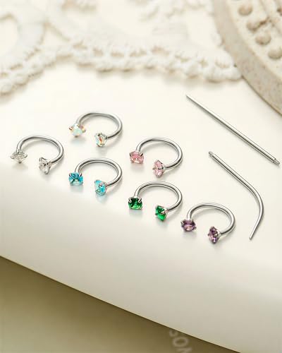 Akeoqi Horseshoe Nose Rings 316L Surgical Steel Half Hoop Earrings for Women Internally Threaded Cartilage Helix Tragus Earrings Double CZ Eyebrow Lip Piercing 18G 20G 8MM Silver Gold Plated - color: Silver,Colorful CZ