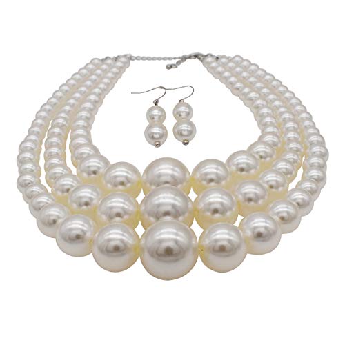 We We Imitation Pearl Necklace for Women Large Chunky Pearl Necklaces Multilayer Pearl Necklace and Earring 1920s Costume Jewelry set - color: white pearl necklace set