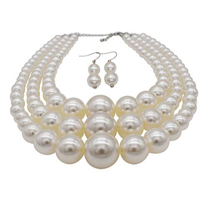 We We Imitation Pearl Necklace for Women Large Chunky Pearl Necklaces Multilayer Pearl Necklace and Earring 1920s Costume Jewelry set - color: white pearl necklace set