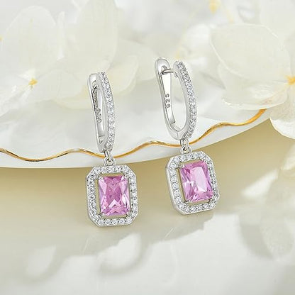 Women's Solitaire Dangle Drop Earrings 925 Sterling Silver Pure Square Huggie Earrings Hoop Dangle Drop Earrings Jewelry Gift - color: 10-pink tourmaline-Oct