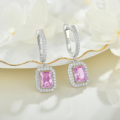 Women's Solitaire Dangle Drop Earrings 925 Sterling Silver Pure Square Huggie Earrings Hoop Dangle Drop Earrings Jewelry Gift - color: 10-pink tourmaline-Oct