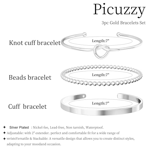14K Gold Plated Stackable Bangle Bracelets for Women | Dainty Cuff Bracelets, Stackable for Women, Waterproof Bracelet Stack, Gold Jewelry Gifts Trendy Adjustable Accessories - color: 3-layer-C-Silver
