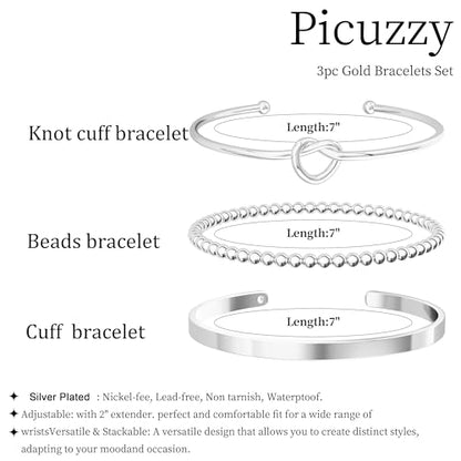 14K Gold Plated Stackable Bangle Bracelets for Women | Dainty Cuff Bracelets, Stackable for Women, Waterproof Bracelet Stack, Gold Jewelry Gifts Trendy Adjustable Accessories - color: 3-layer-C-Silver