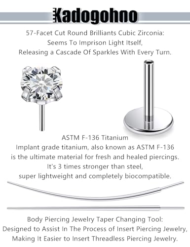 F136 Titanium 20/18/16g Internally Threaded Medusa Monroe Lip Ashley Labret Nose Rings Flat Back Tragus Helix Cartilage Conch Screw Stud Earrings Surgical Steel Piercing Jewelry for Women - color: White CZ, size: 20g*1/4in