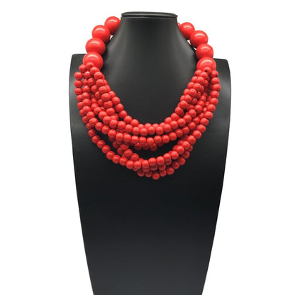 COLORFUL BLING Boho African Wooden Beaded Strands Necklace Ethnic Layered Chunky Collar Choker Wood Necklace for Women Hip Hop Statement Jewelry - color: red
