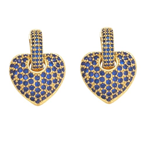 Crystal Heart Hoop Earrings for Women Dainty Fashion Heart Huggie Earrings Colourful Sparkly Crystal 14k Gold Love Heart Dangle Drop Earrings Valentine’s Day Statement Jewelry Gifts - color: Blue
