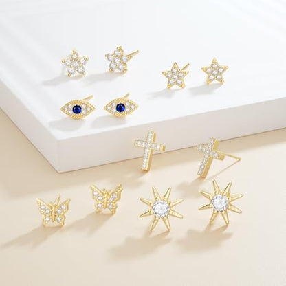 JIAYIQI Minimalist 925 Sterling Silver Stud Earrings Set, 14K Gold Plated Hypoallergenic Tiny Bar Dot Heart Star Studs for Women & Men - style: Gold-Cross-1 Pair