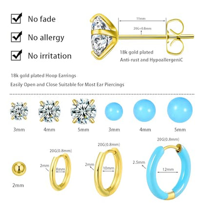 12 Pairs Stud & Hoop Earrings Set for Women 2-5mm Colorful Ball & Cubic Zirconia Stud earrings 8/10/12mm Hoop Earrings Hypoallergenic Stainless Steel Jewelry Gift Collection - color: light blue