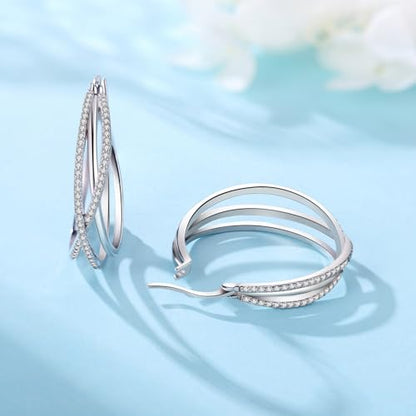 925 Sterling Silver Hoop Earrings for Women, Small and Large Trendy Hoops Hypoallergenic Huggie Earrings Statement Fashion Jewelry Gifts for Sensitive Ear - Double Loop - color: Silver,1.10 in-Large Hoops